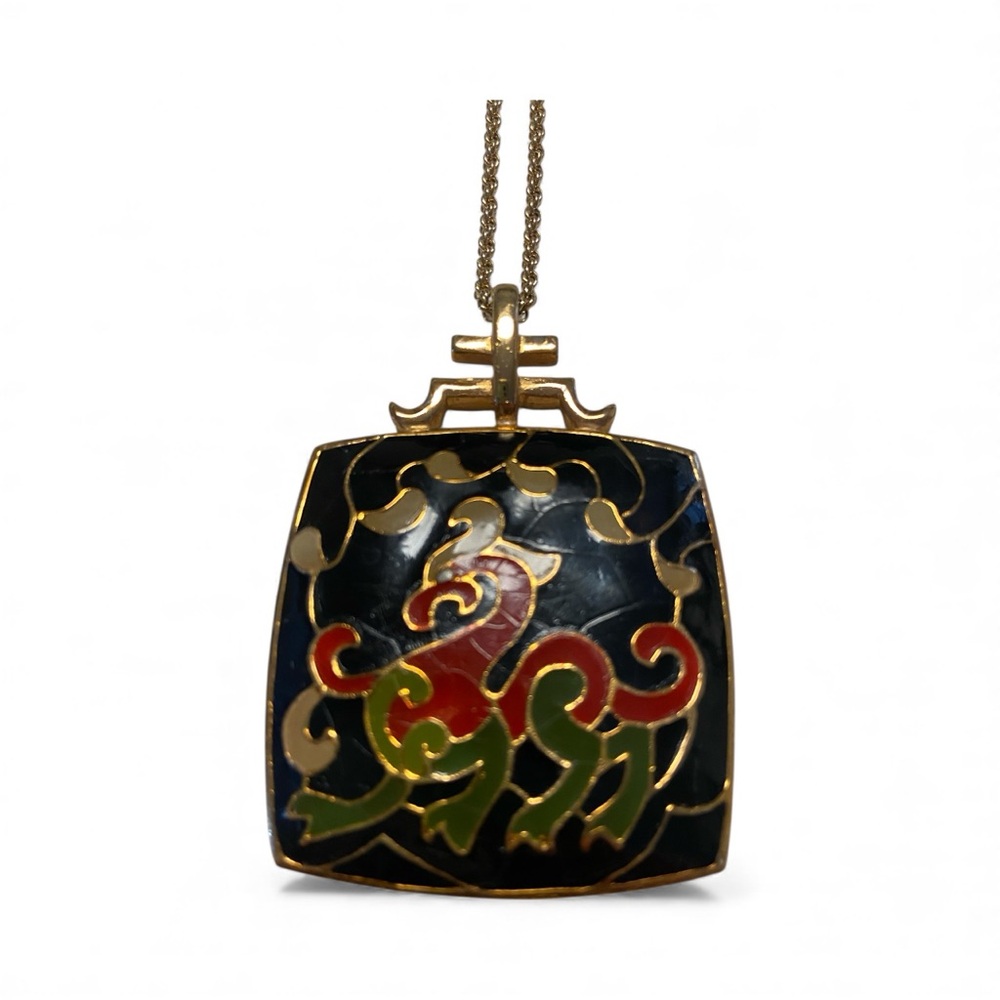 Alice Caviness Pendant Necklace Dragon Vintage Asian Goldtone Chain Signed